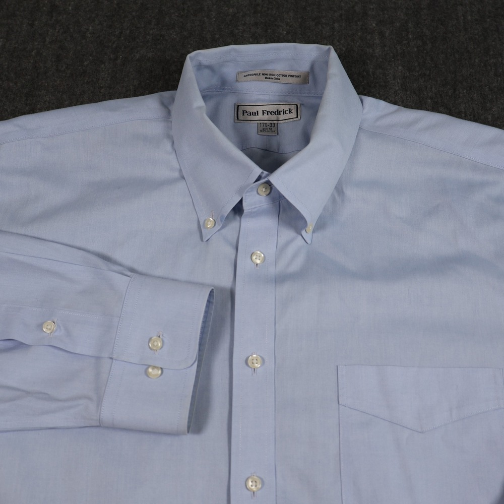 Paul Fredrick Mens 17.5 33 Slim Fit Non-Iron Pinpoint Cotton Dress Shirt Blue